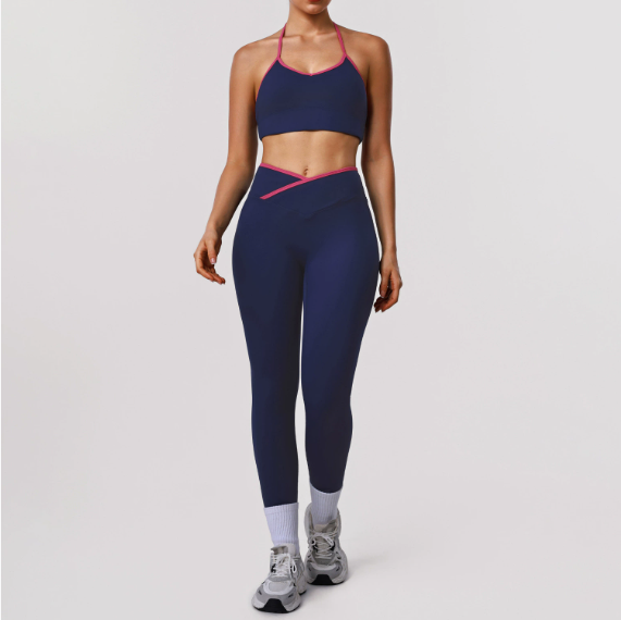 High Elastic Hip Lifting Tights Yoga Contrast Color Thin Band Halter Bra Training Sports Two Piece Sets Women