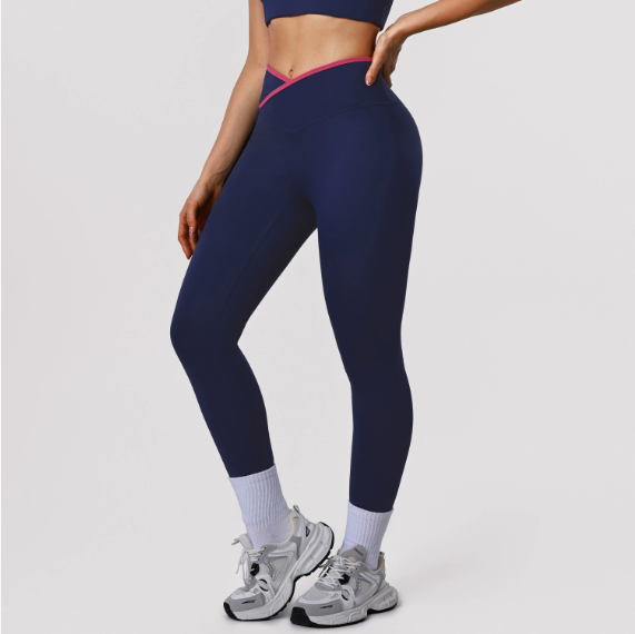 Nude Feel Skinny Hip Raise Yoga Pants Cross High Waist Contrast Color Tights Women Sports Running Workout Ankle Length Pants