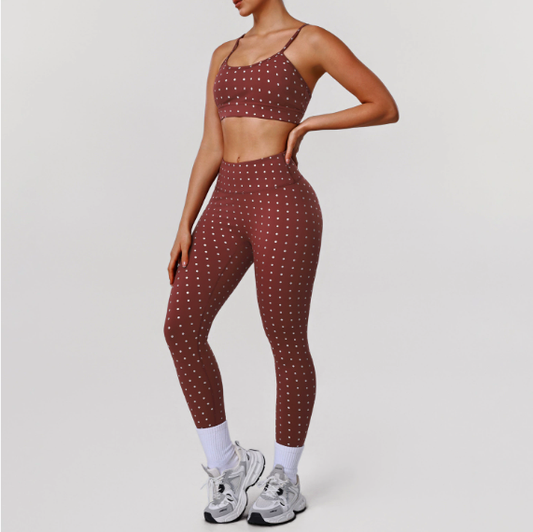 Silver Polka Dot Yoga High Elastic Tights Push up Sports Bra Fitness Two Piece Sets