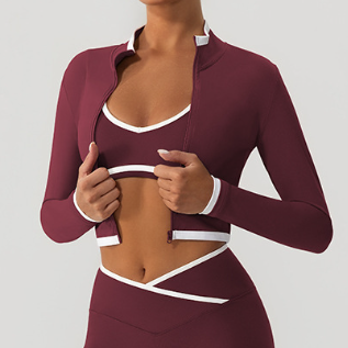 Autumn Winter Yoga Wear Coat Contrast Color Body Shaping Stand Collar Zipper Running Long Sleeve Top Women