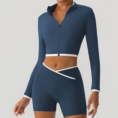 Autumn Winter Yoga Wear Coat Contrast Color Body Shaping Stand Collar Zipper Running Long Sleeve Top Women