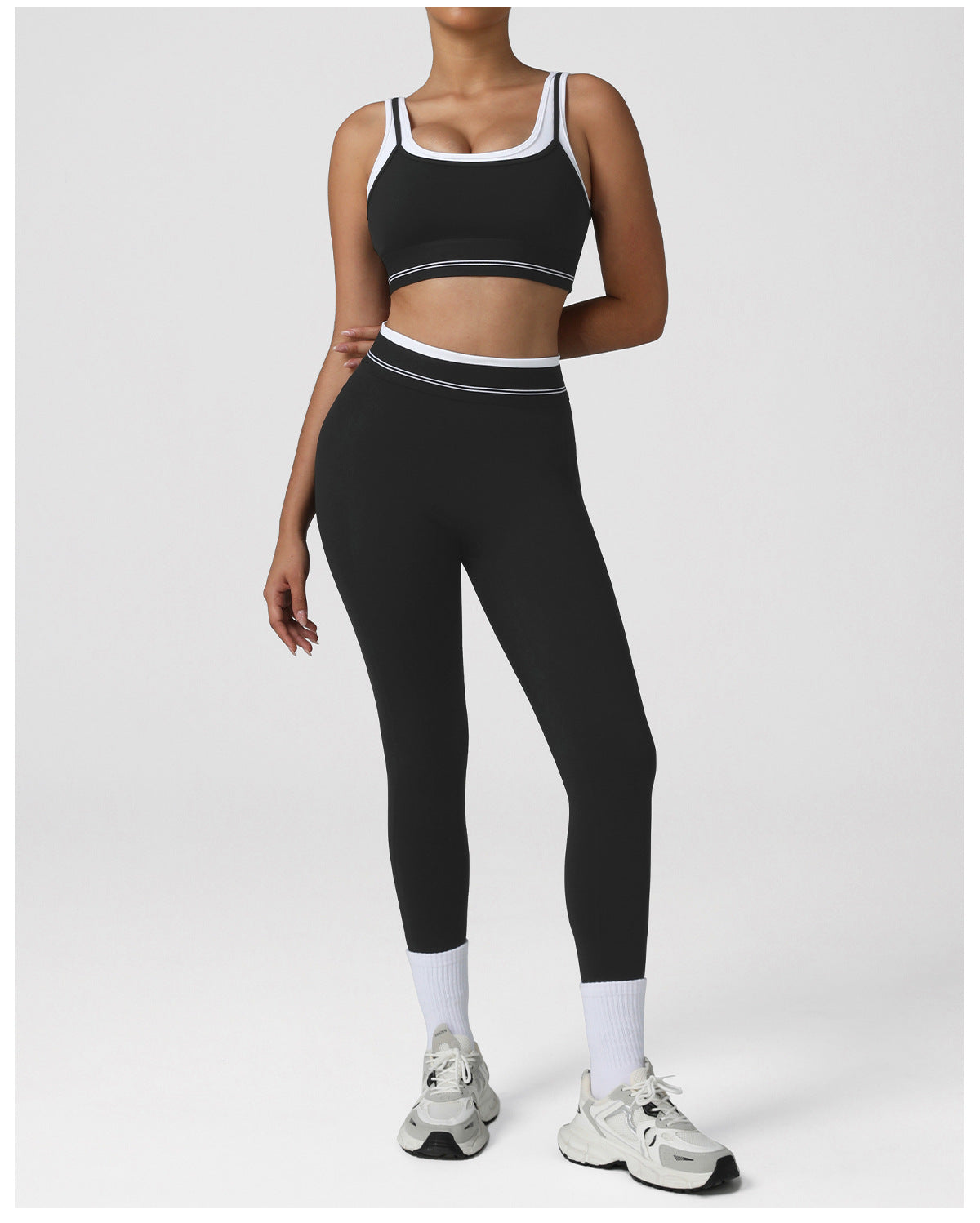 Contrast Color Hip Lifting Yoga Clothes Skinny Ankle Length Pants Suit Faux Two Piece High Elastic Sports Vest Fitness Two Piece Sets Women