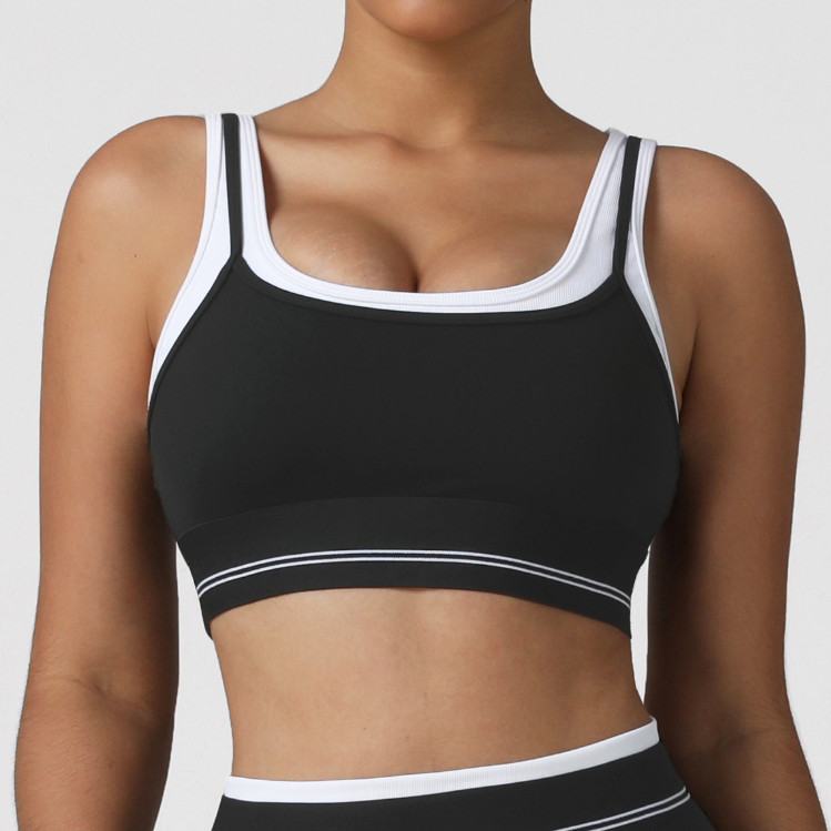 Faux Two Piece Contrast Color Sports Bra High Elastic Push up Yoga Underwear Fitness Vest with Chest Pad