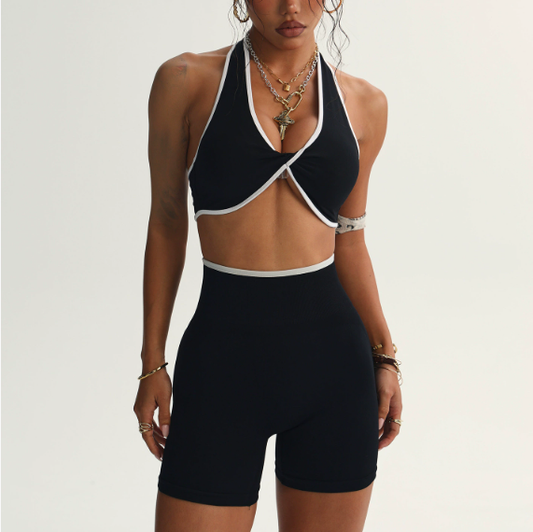 Seamless Yoga Two Piece Sets Women Contrast Color Twist Gathered Yoga Bra Running Fitness Top Yoga Shorts