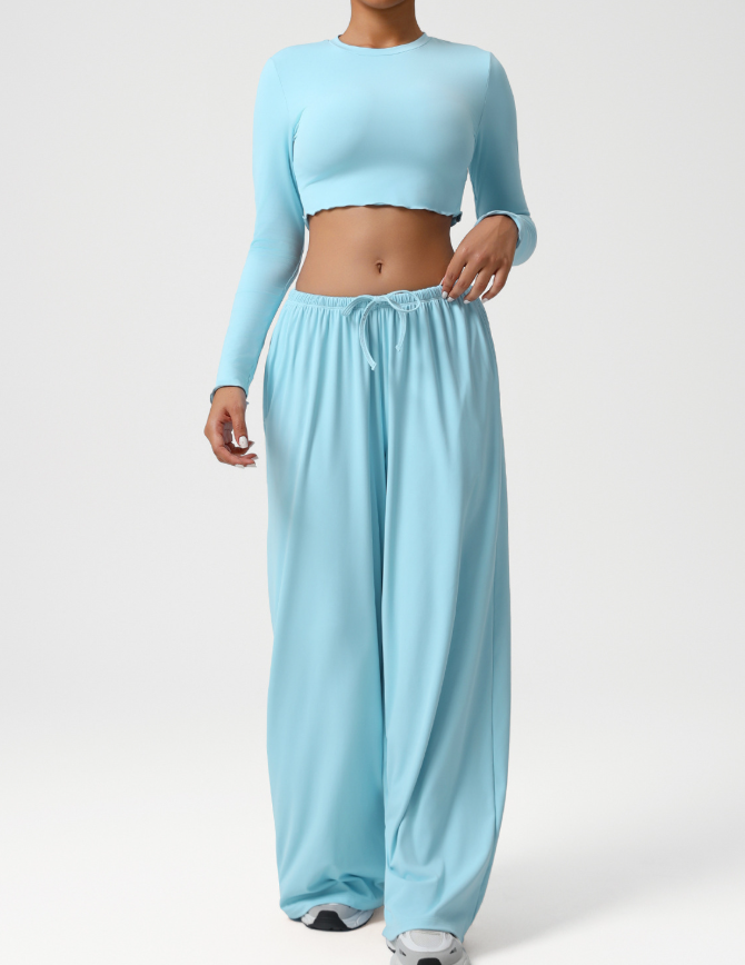 Dance Sports Loose Drooping Wide Leg Pants Yoga Clothes Slim Long Sleeve Top Fitness Two Piece Sets