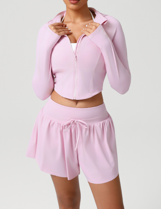 Autumn Winter Nude Feel Casual Sports Hooded Suit Slim Stand Collar Jacket High Waist Workout Shorts Yoga Two Piece Sets