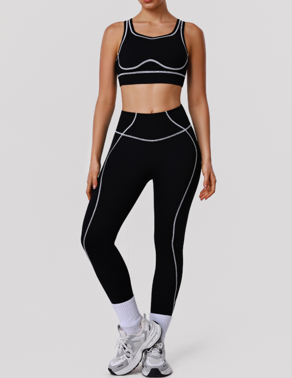 High Strength Nude Feel Contrast Color Yoga Two Piece Sets Sports Training Tights Shockproof Bra Fitness Running Outfit