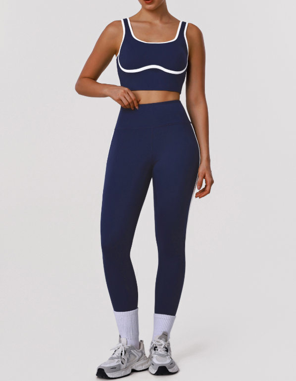 Contrast Color Striped Fitness Yoga Two Piece Sets High Elastic Shockproof Bra Hip Lift Belly Shaping Tights Sportswear