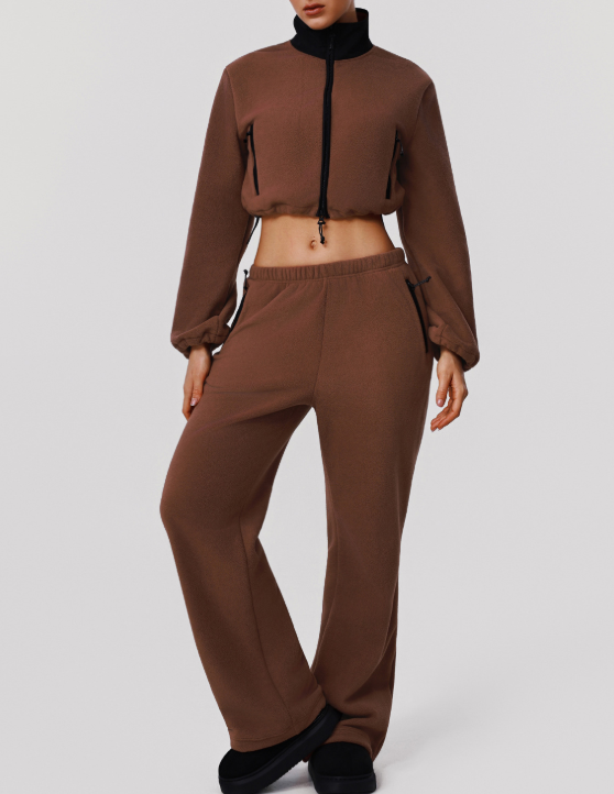 Thickened Double Sided Polar Fleece Casual Autumn Winter Warm Stand Collar Jacket Wide Leg Trousers Sports Two Piece Sets