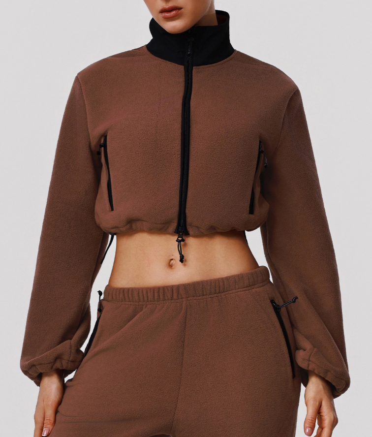 Autumn Winter Thick Polar Fleece Sports Slim Fitting Coat Warm Stand Collar Zipper Pocket Fitness Long Sleeved Upper Garment