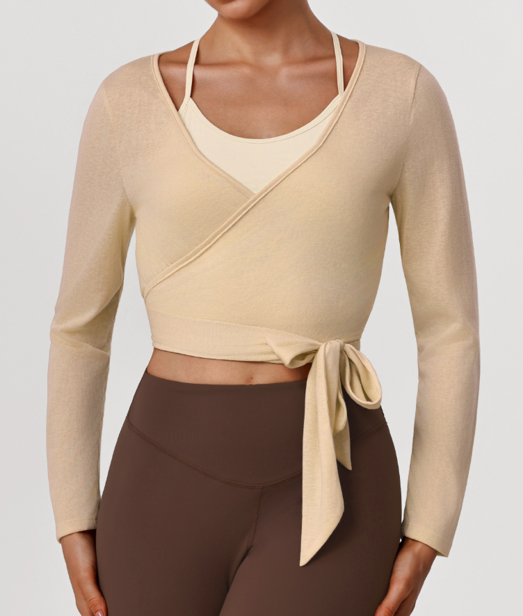Spring Summer Long Sleeve Smock Top Yoga Clothes Slim Fit Two Piece Sets Sling with Chest Pad Dance Training Clothes Outfit