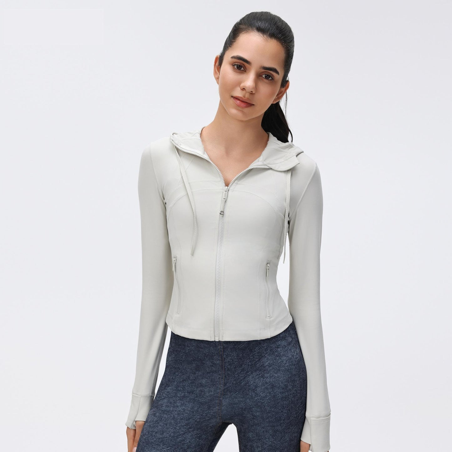 Windproof Hood Drawstring Yoga Clothes Women Short Waist-Tight Slim Look Running Fitness Jacket Coat