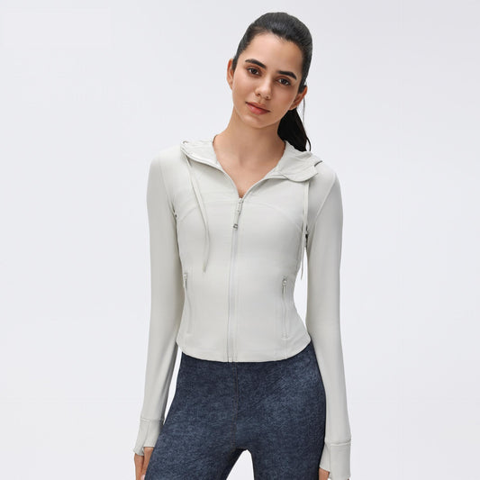 Windproof Hood Drawstring Yoga Clothes Women Short Waist-Tight Slim Look Running Fitness Jacket Coat