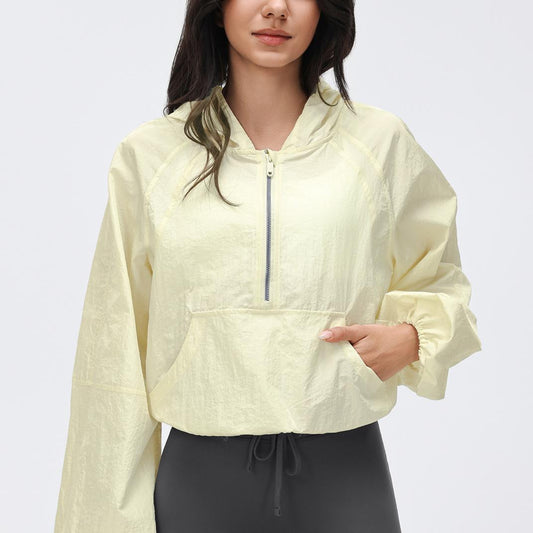 Spring Half Zipper Hooded Sports Windbreaker Women Short Loose All Match Outdoor Running Fitness Clothes Coat