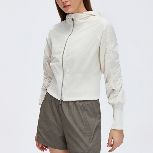 Pleated Waist Tight Slimming Short Jacket Windproof Zipper Coat Women Casual Hooded Cardigan Sports Jacket