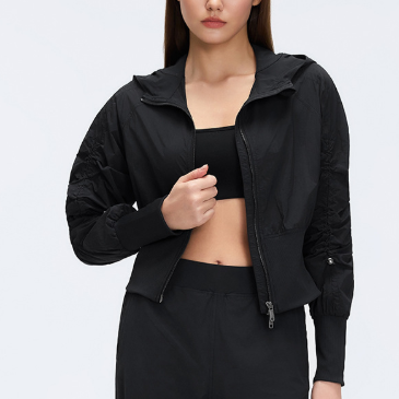 Pleated Waist Tight Slimming Short Jacket Windproof Zipper Coat Women Casual Hooded Cardigan Sports Jacket