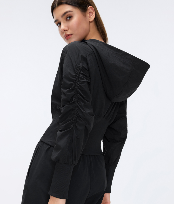 Pleated Waist Tight Slimming Short Jacket Windproof Zipper Coat Women Casual Hooded Cardigan Sports Jacket