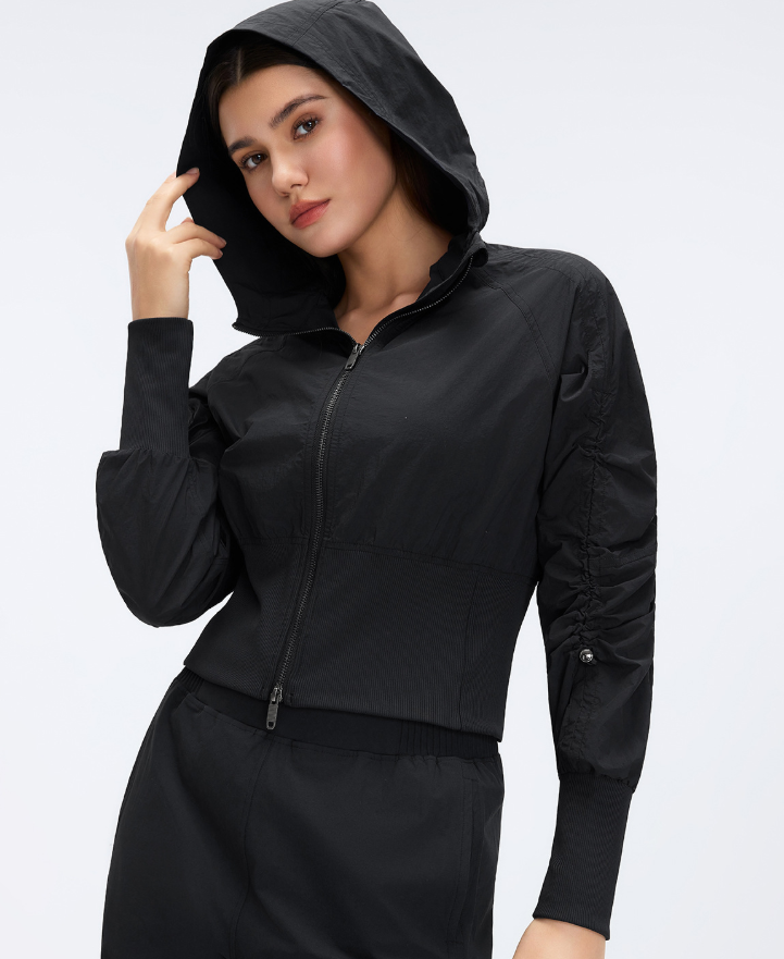 Pleated Waist Tight Slimming Short Jacket Windproof Zipper Coat Women Casual Hooded Cardigan Sports Jacket