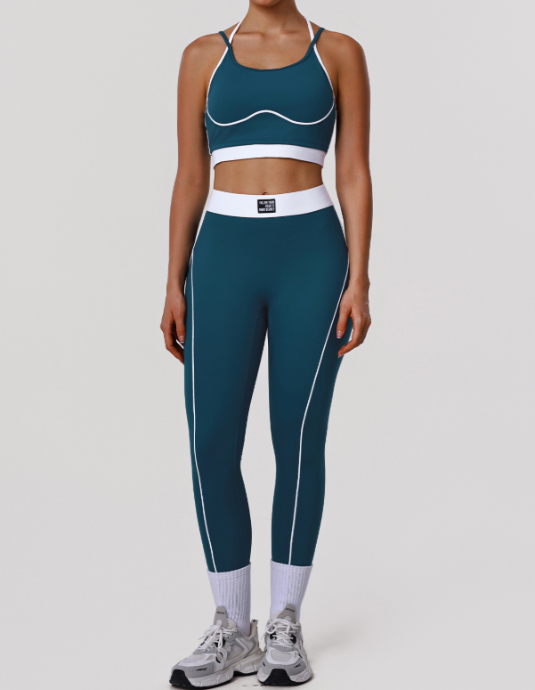 Color Matching Yoga Clothes Thin Strap Backless Shaping Bra Hip Raise Skinny Cropped Pants Exercise Workout Two Piece Sets