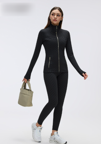 Big Brand Same Cute Black Polka Dot Yoga Leggings Women Stand up Collar Jacket Slim Fit Figure Flattering Sports Two Piece Sets