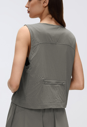 Casual All Match round Neck Vest Women Quick Drying Breathable Sleeveless Top Short Zipped Sports Coat