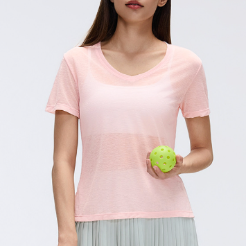 Summer V neck Bunchy Yarn Lightweight Breathable Sports T shirt Women Running Fitness Short Sleeve Yoga
