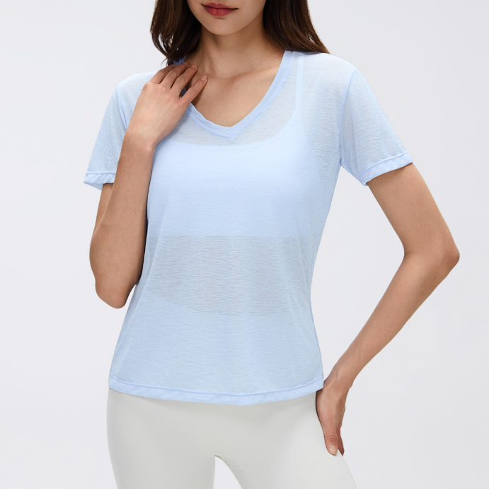 Summer V neck Bunchy Yarn Lightweight Breathable Sports T shirt Women Running Fitness Short Sleeve Yoga