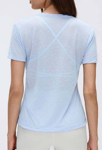 Summer V neck Bunchy Yarn Lightweight Breathable Sports T shirt Women Running Fitness Short Sleeve Yoga