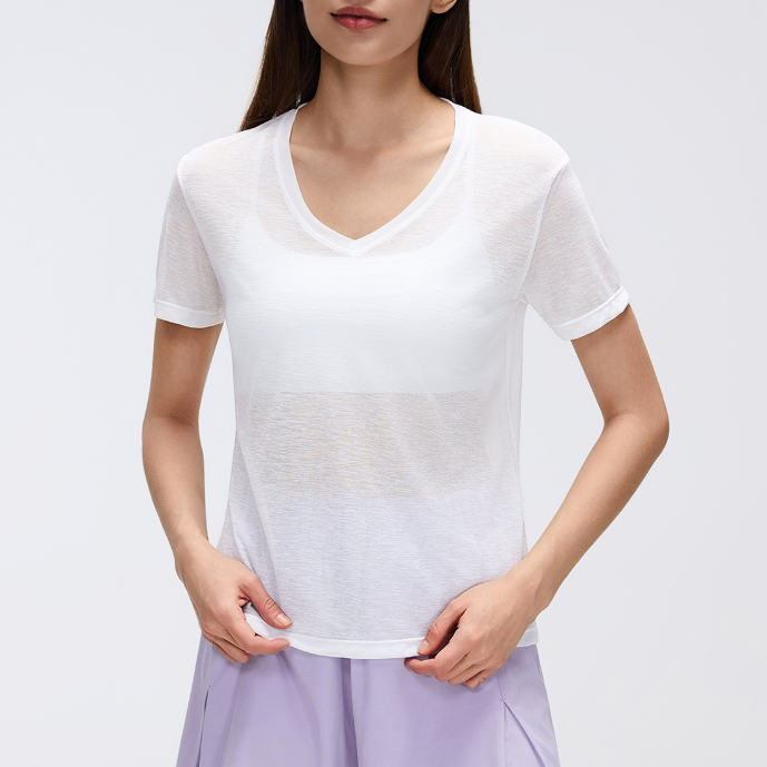 Summer V neck Bunchy Yarn Lightweight Breathable Sports T shirt Women Running Fitness Short Sleeve Yoga
