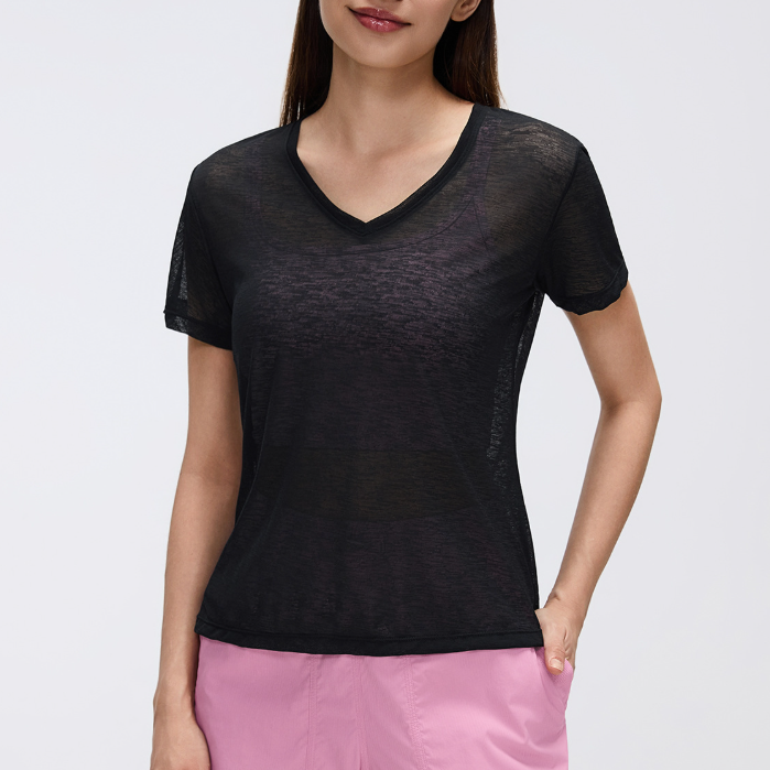 Summer V neck Bunchy Yarn Lightweight Breathable Sports T shirt Women Running Fitness Short Sleeve Yoga