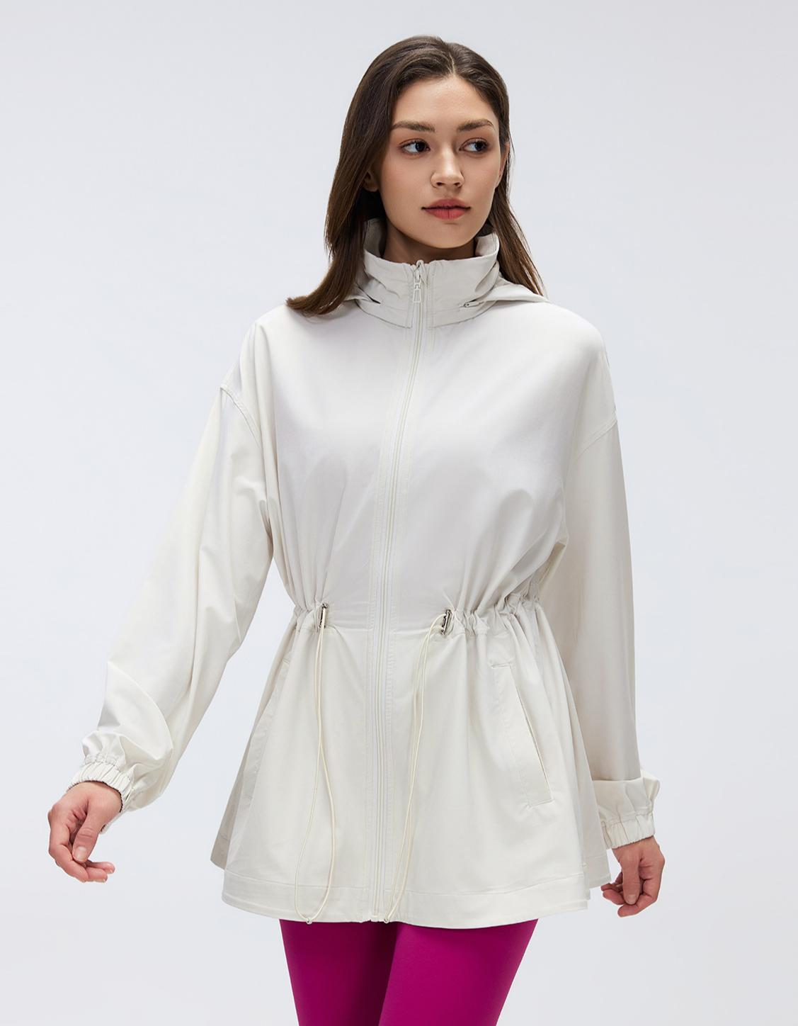 Storage Hooded Stand Collar Sports Jacket Women Drawstring Waist Slimming Mid Length Cardigan Zipper Jacket