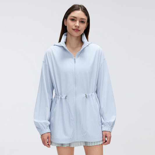 Storage Hooded Stand Collar Sports Jacket Women Drawstring Waist Slimming Mid Length Cardigan Zipper Jacket