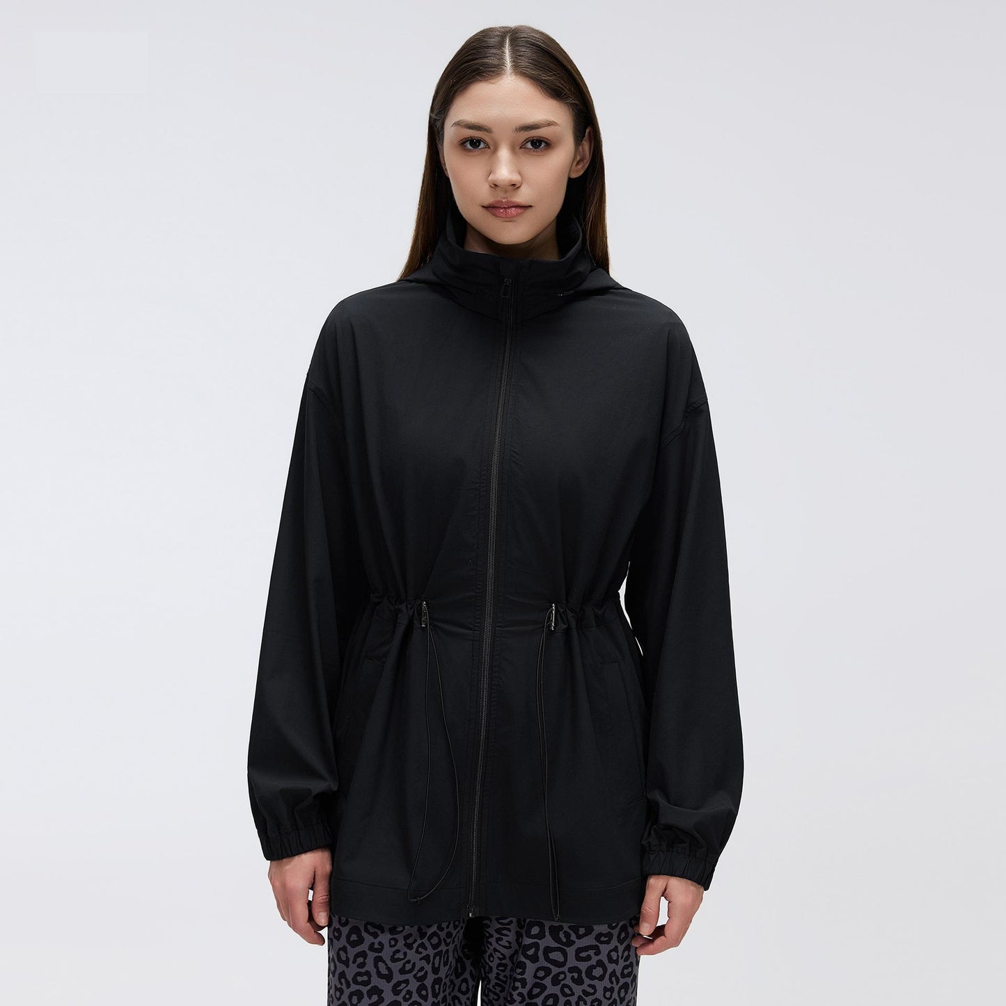 Storage Hooded Stand Collar Sports Jacket Women Drawstring Waist Slimming Mid Length Cardigan Zipper Jacket