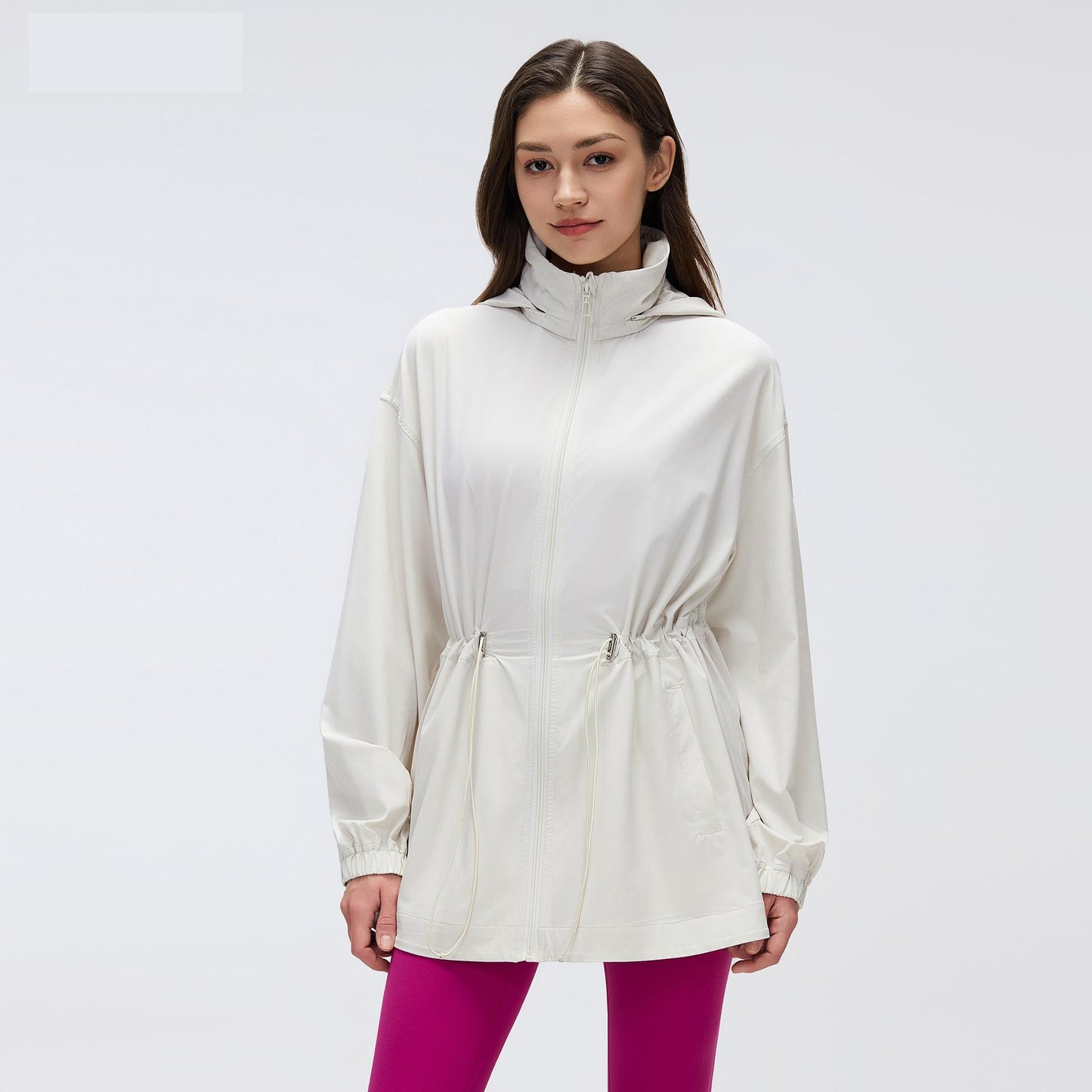 Storage Hooded Stand Collar Sports Jacket Women Drawstring Waist Slimming Mid Length Cardigan Zipper Jacket