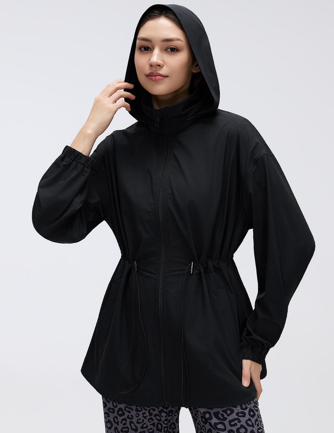 Storage Hooded Stand Collar Sports Jacket Women Drawstring Waist Slimming Mid Length Cardigan Zipper Jacket