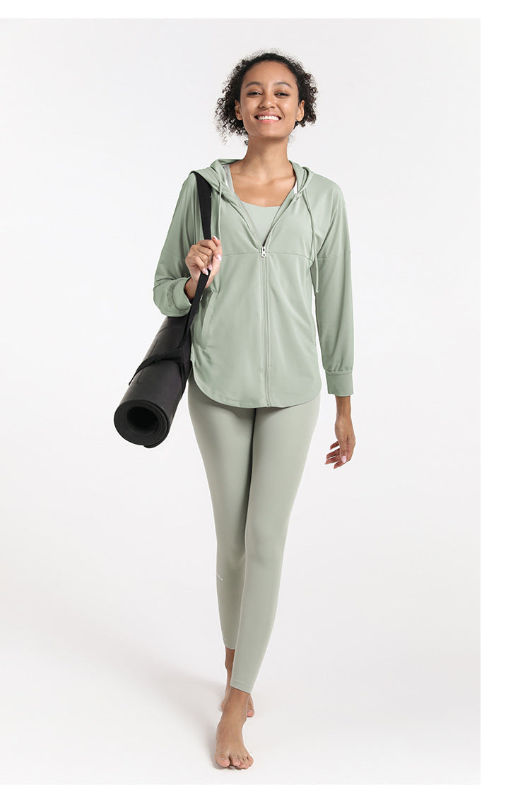 Loose Casual Sports Coat Women Hooded Cardigan Sun Protection Clothing Running Fitness Top Long Sleeve Yoga Wear