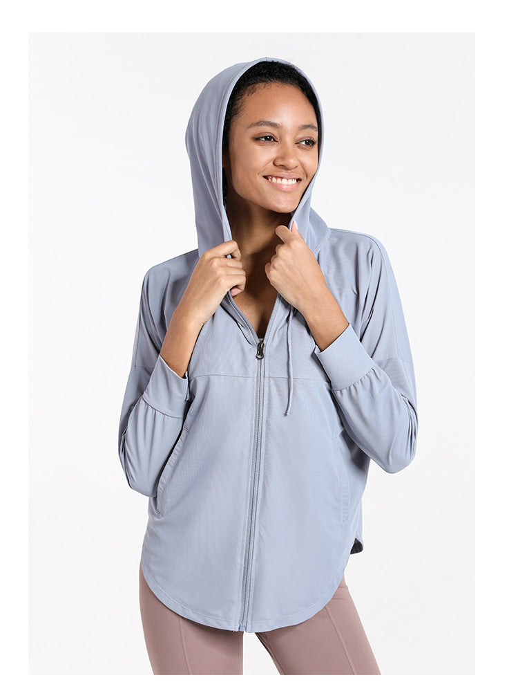 Loose Casual Sports Coat Women Hooded Cardigan Sun Protection Clothing Running Fitness Top Long Sleeve Yoga Wear