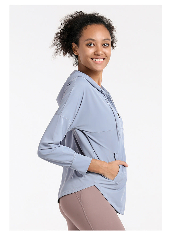 Loose Casual Sports Coat Women Hooded Cardigan Sun Protection Clothing Running Fitness Top Long Sleeve Yoga Wear