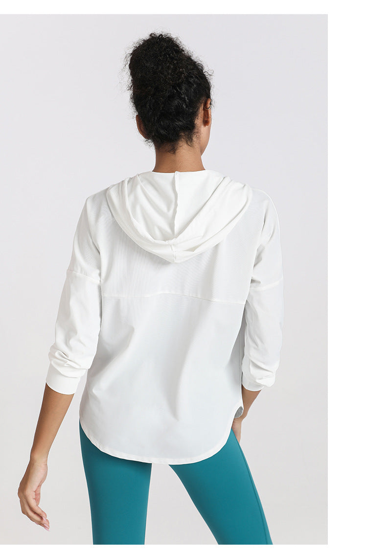 Loose Casual Sports Coat Women Hooded Cardigan Sun Protection Clothing Running Fitness Top Long Sleeve Yoga Wear