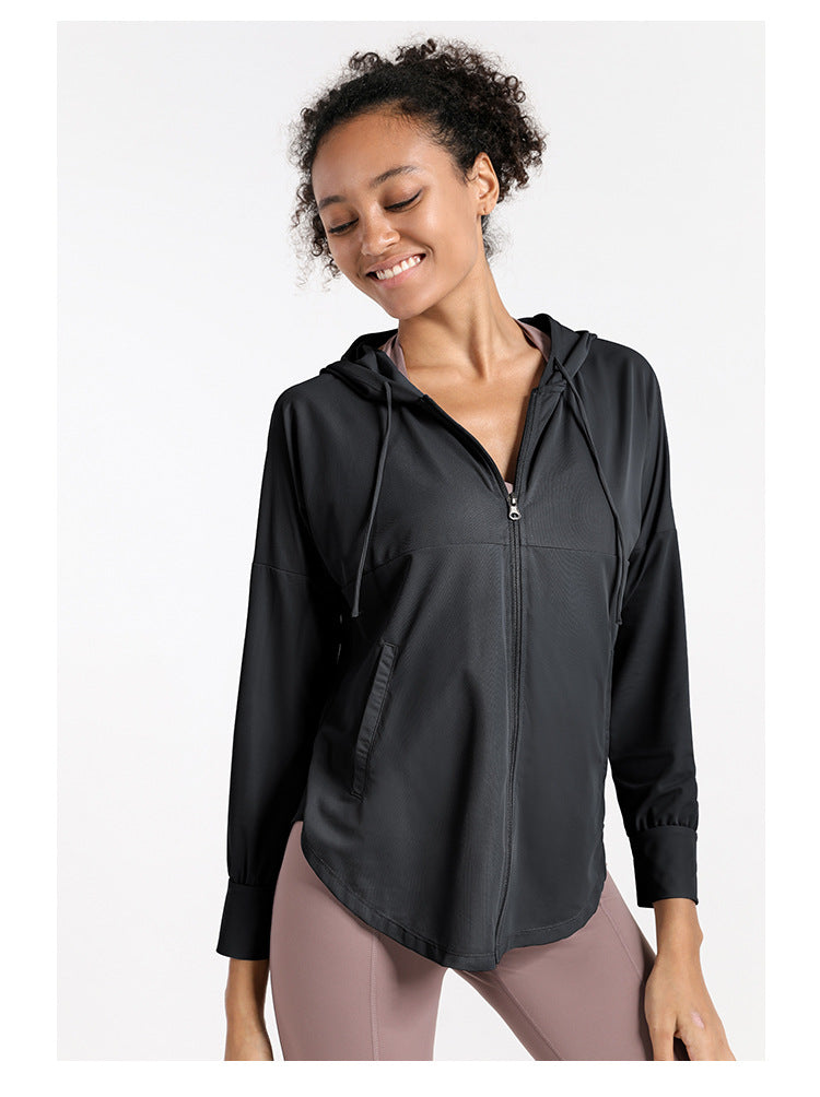 Loose Casual Sports Coat Women Hooded Cardigan Sun Protection Clothing Running Fitness Top Long Sleeve Yoga Wear