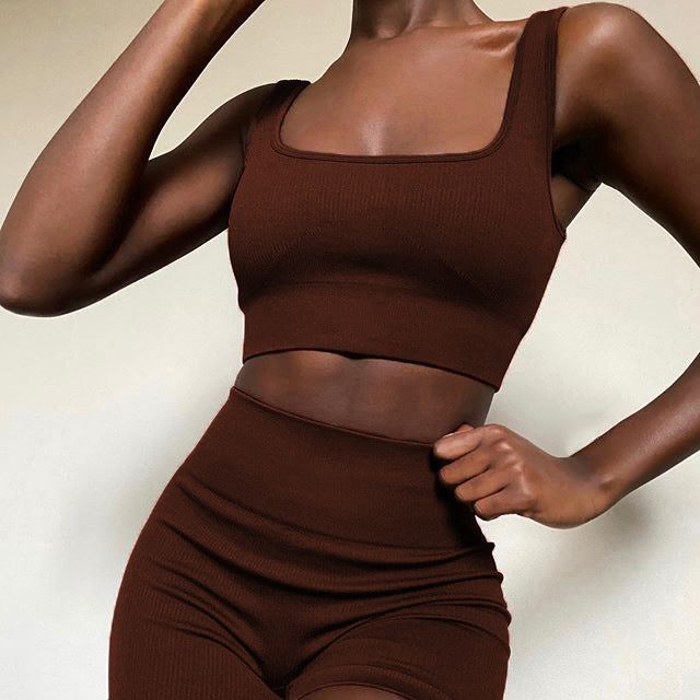 Sports Fitness Yoga Wear Women U-Neck Bra Shorts Seamless Two-Piece Set