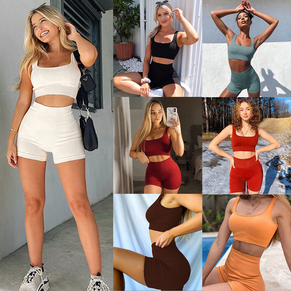 Sports Fitness Yoga Wear Women U-Neck Bra Shorts Seamless Two-Piece Set