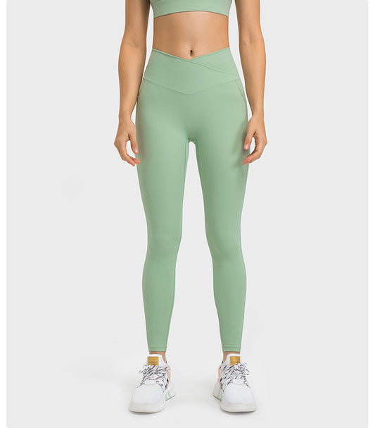 Criss Cross Waist Sports Tights Women Double-Side Pocket without T-Line High Elastic Hip Lifting Cropped Yoga Pants