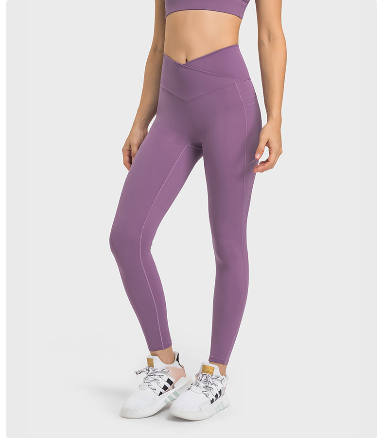 Criss Cross Waist Sports Tights Women Double-Side Pocket without T-Line High Elastic Hip Lifting Cropped Yoga Pants