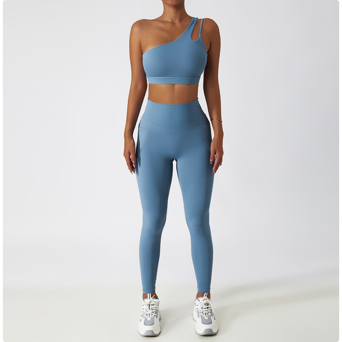 Sollinarry Oblique One Shoulder Shockproof Yoga Bra Cloud Sense Beauty Back Exercise Underwear Irregular Asymmetric Shoulder Strap Running Vest Top