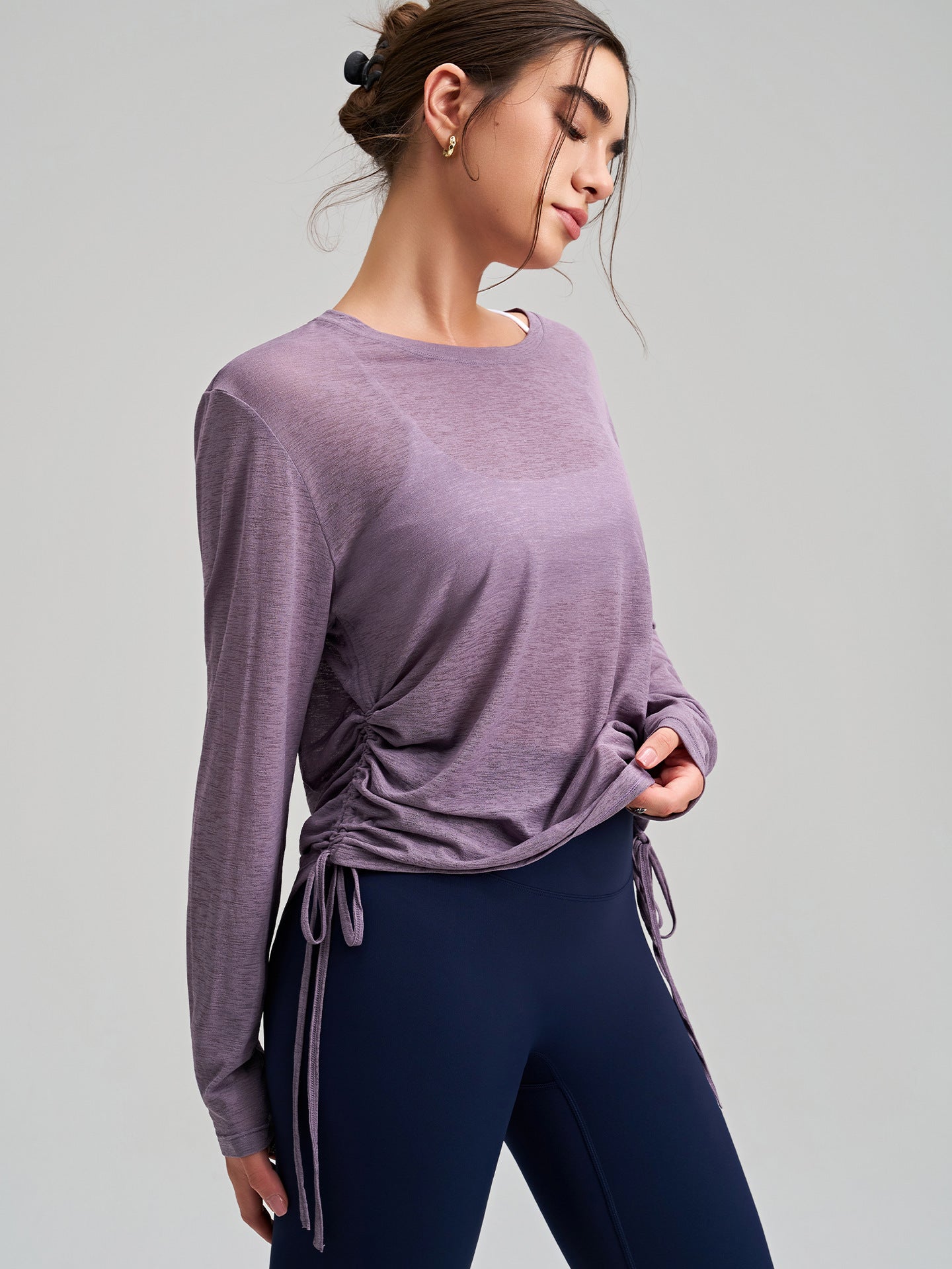 Outer Wear round Neck Yoga Blouse Long Sleeve Thigh Length Side Drawstring T shirt Loose Breathable Fitness Running Yoga Clothes