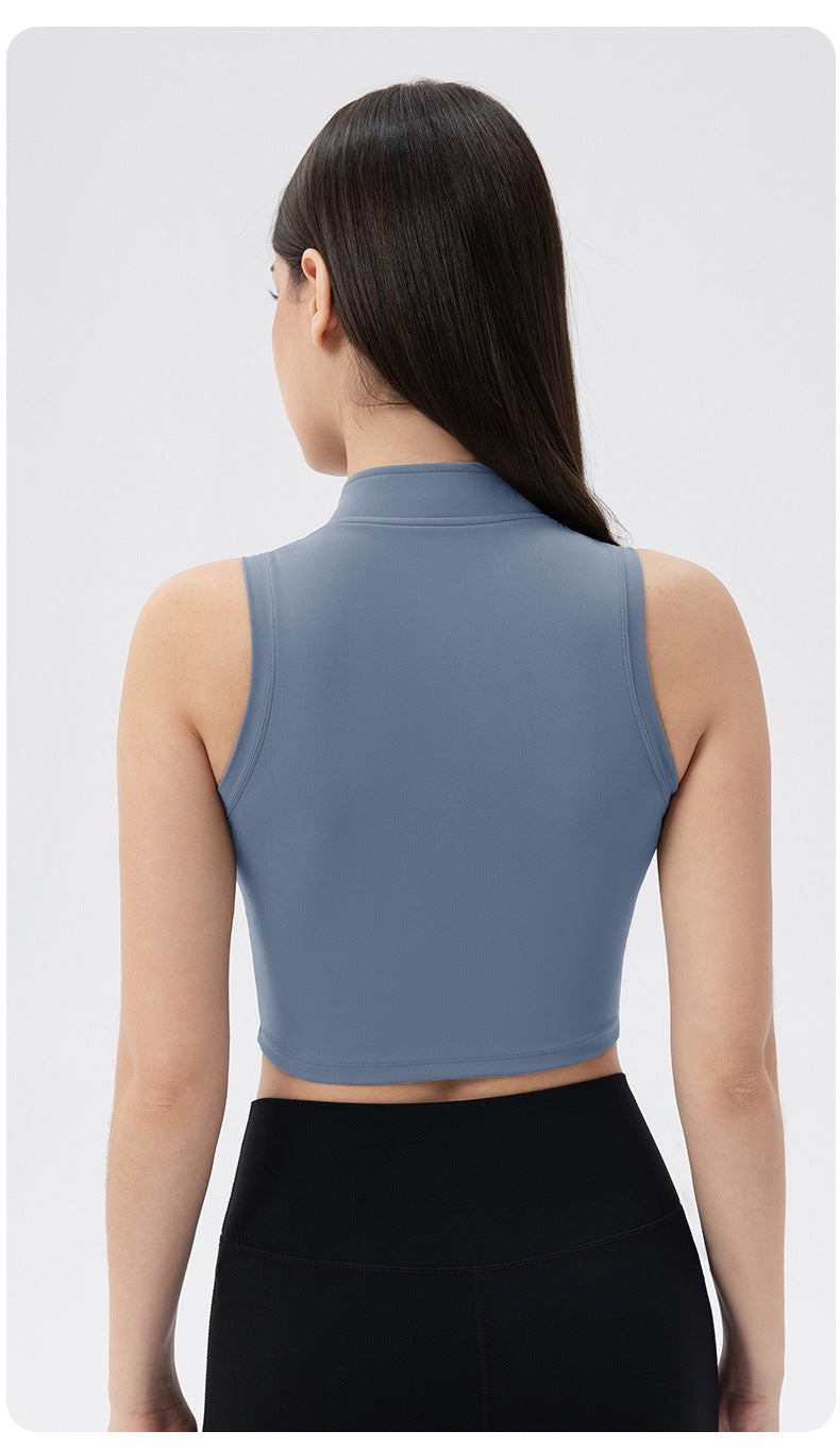 Sleeveless Stand Collar Slimming Yoga Clothes Vest Front Zipper Skinny Exercise Top with Chest Pad Running Workout Vest Women