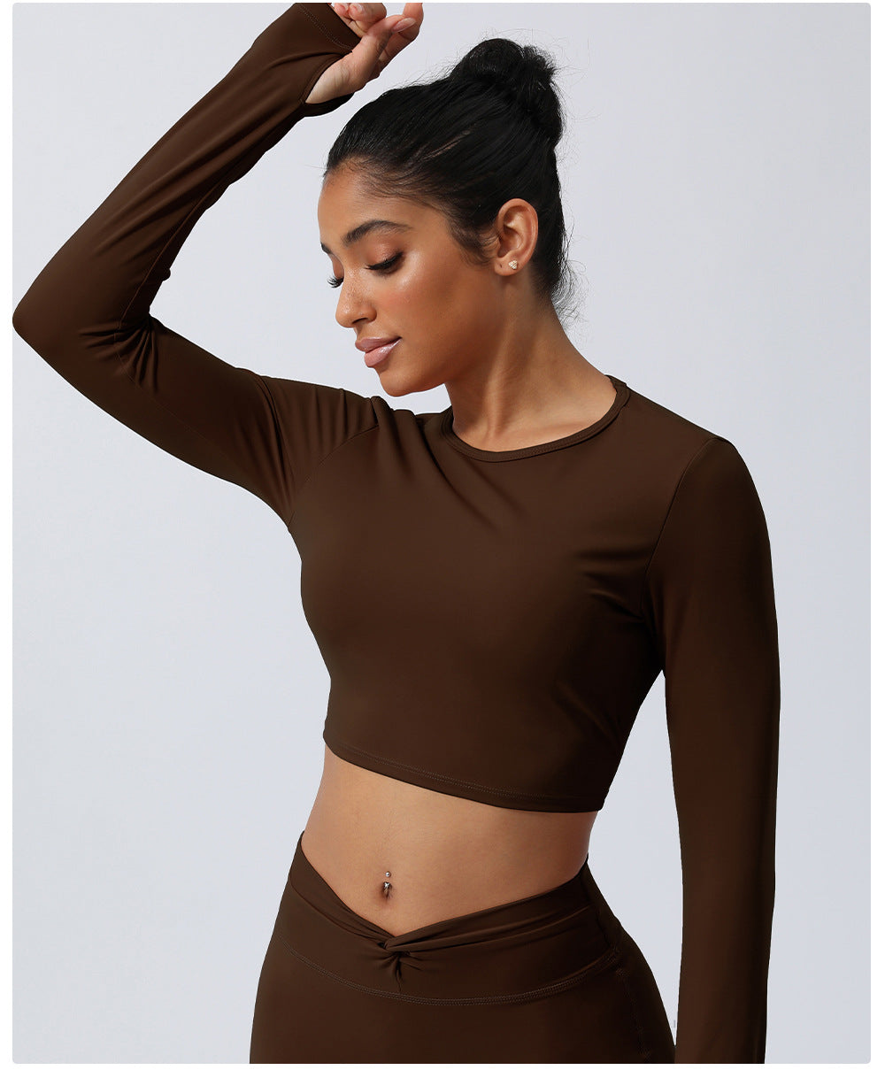 Spring Nude Feel Hollow Out Cutout Out Beauty Back Sports Top Twisted Short Yoga Clothes With Chest Pad Long Sleeve T Shirt Workout Clothes