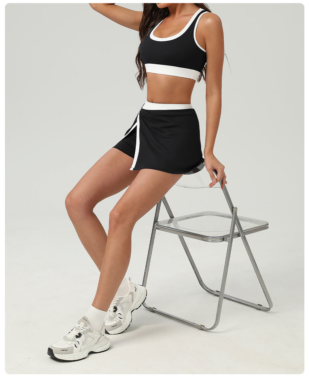 Contrast Color Sports Bra Tennis Skirt Set Women Quick Drying Anti Emptied Pantskirt Sports Set