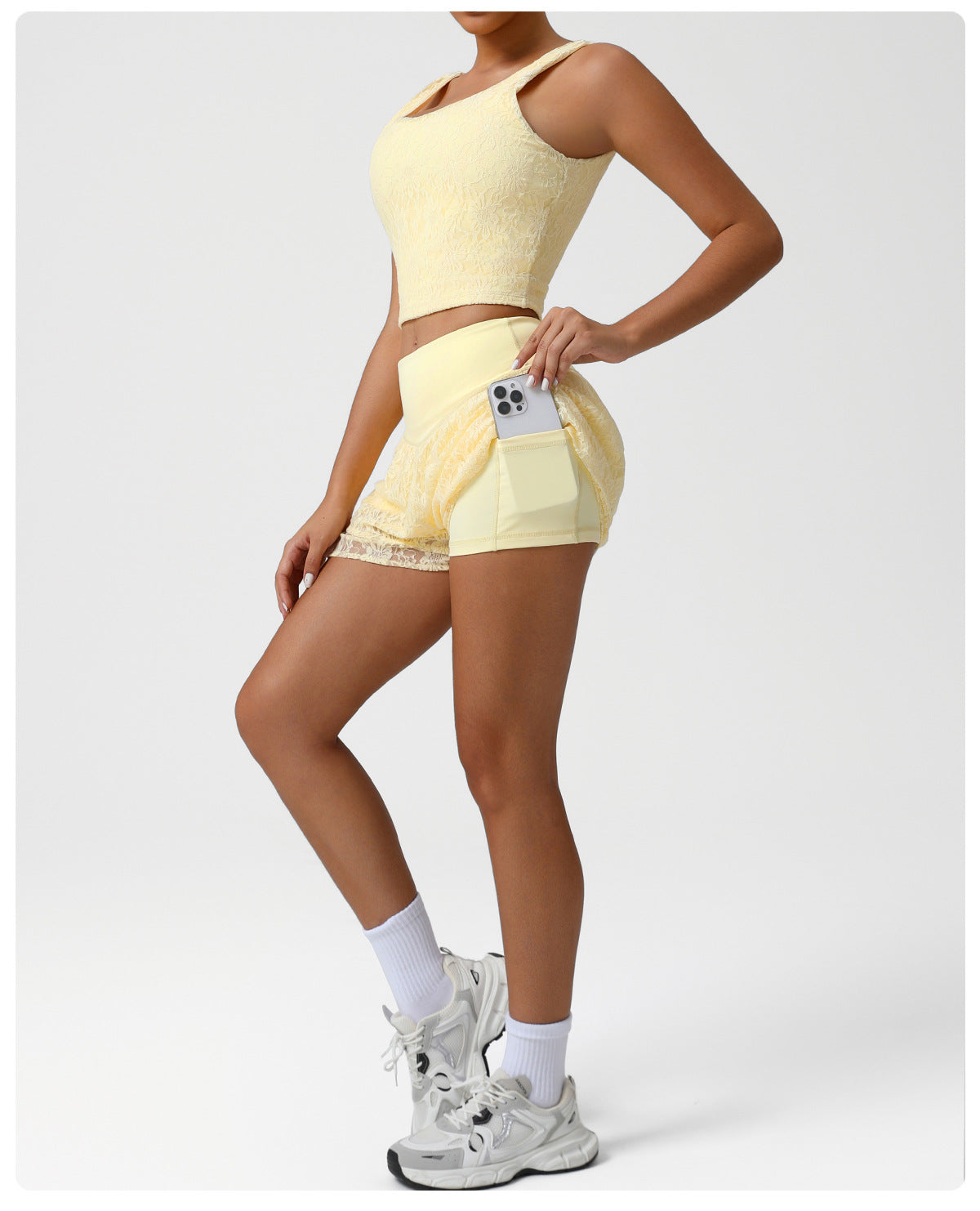 Lace Nude Feel Tennis Sports Stitching Mesh Breathable Sports Running Anti Exposure Two Piece Sets Women